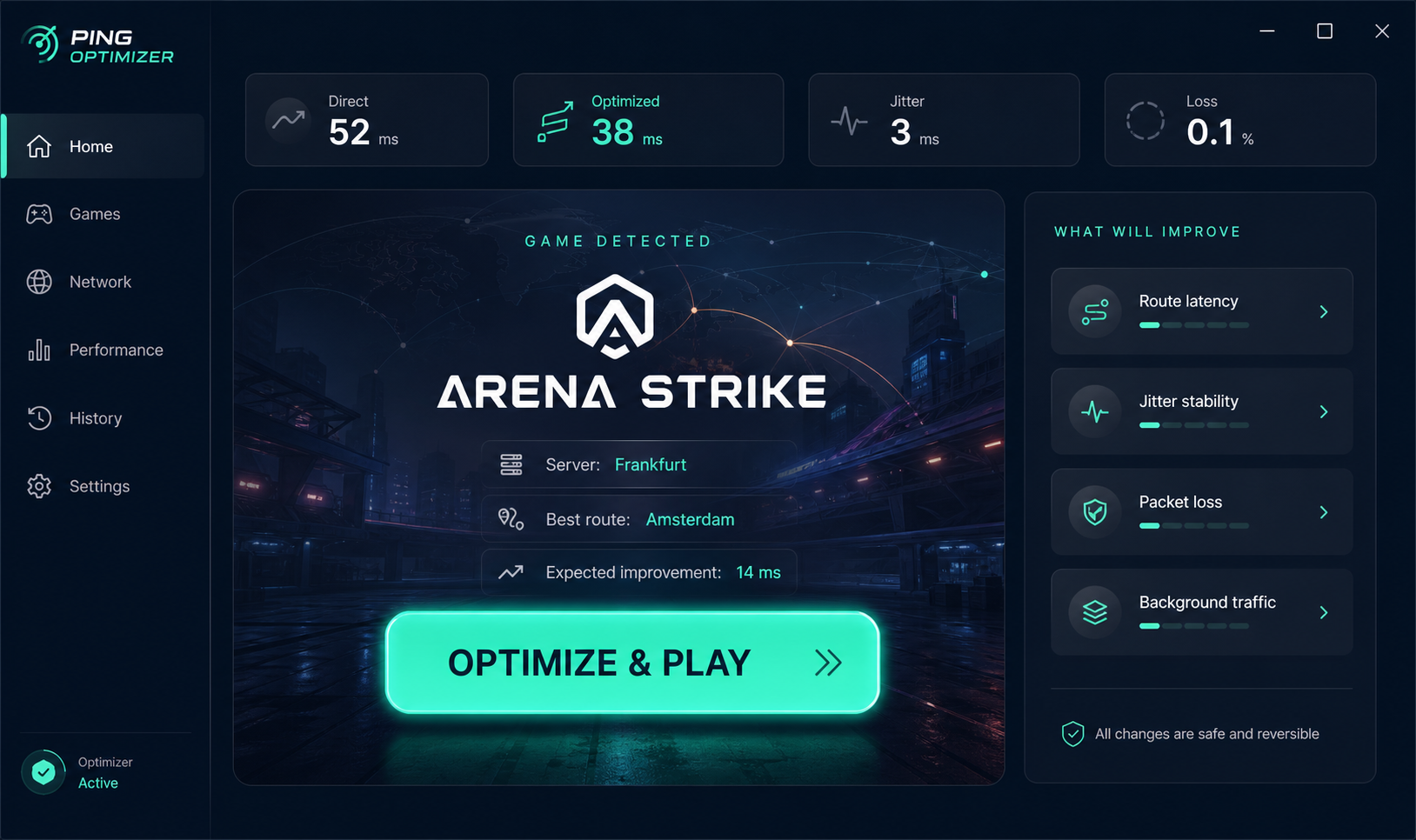 Ping Optimizer desktop application showing a detected game, route improvement, and Optimize and Play button